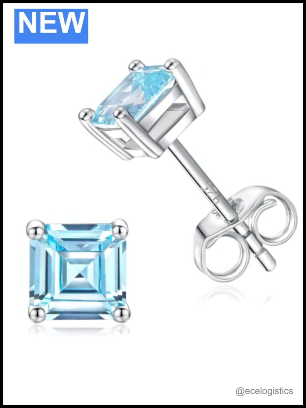 Princess Cut Created Aquamarine Stud Earrings in 925 Sterling Silver